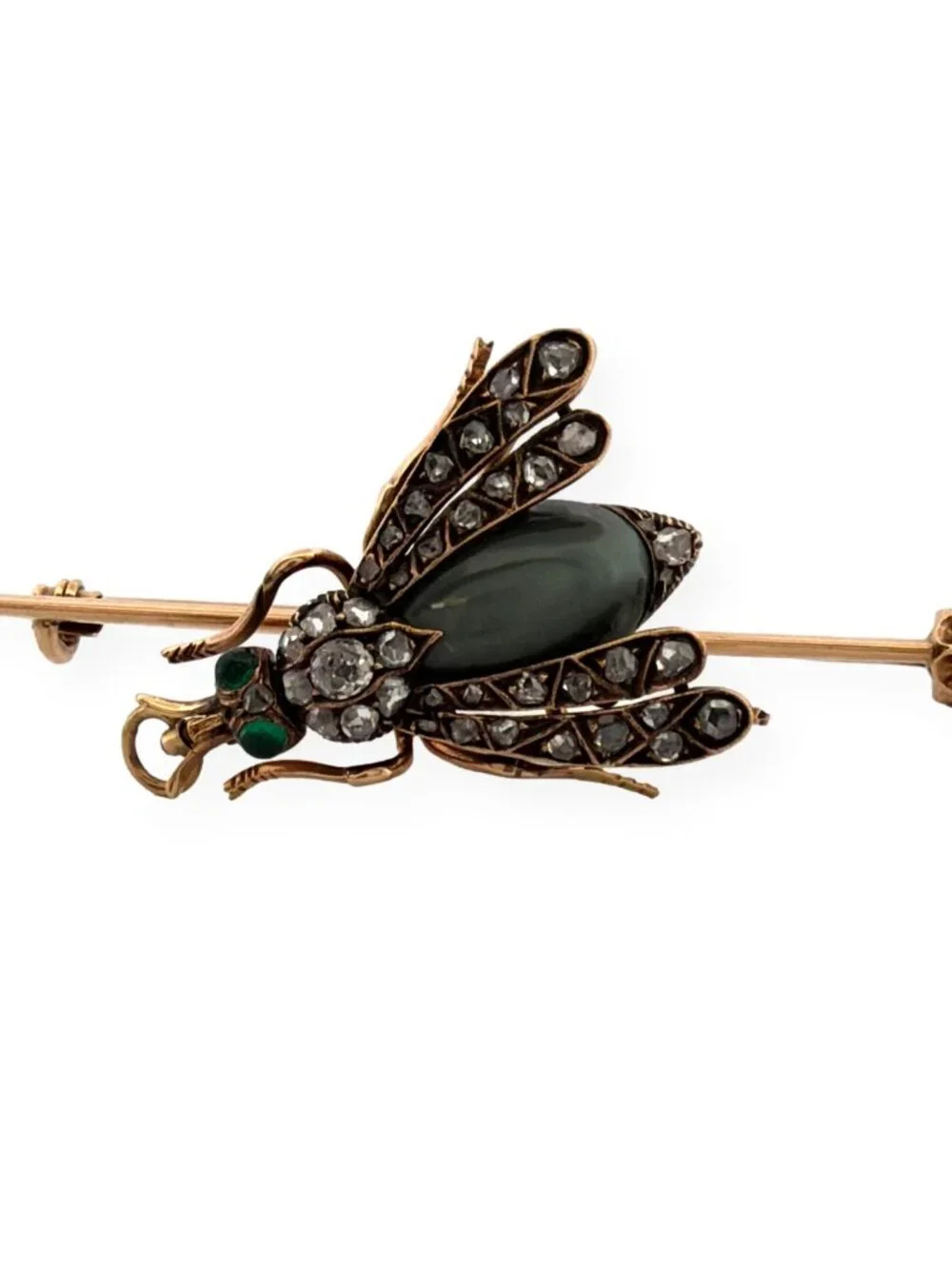 Antique Victorian Bee Brooch 14K Gold & Silver Diamond Emerald Cats Eye Quartz - Picture 9 of 13